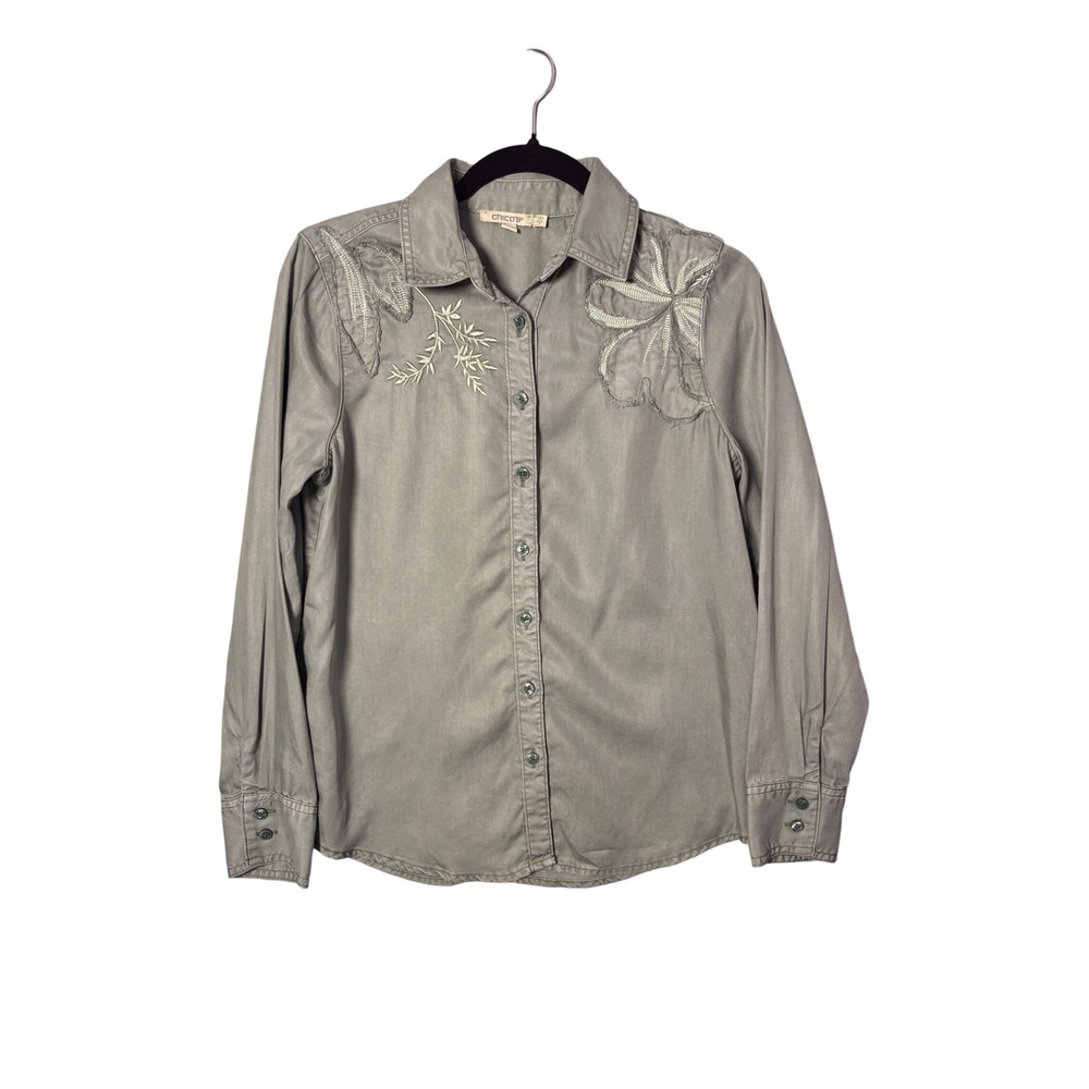 Chico's Button Down Shirt XS 2 Sage Green Embroidered Lyocell Boho Western